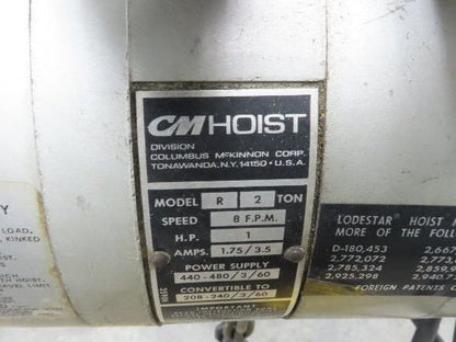CM Lodestar R 2 Ton Electric Chain Hoist 8 Fpm 14' Lift 635 Power Trolley 3PH