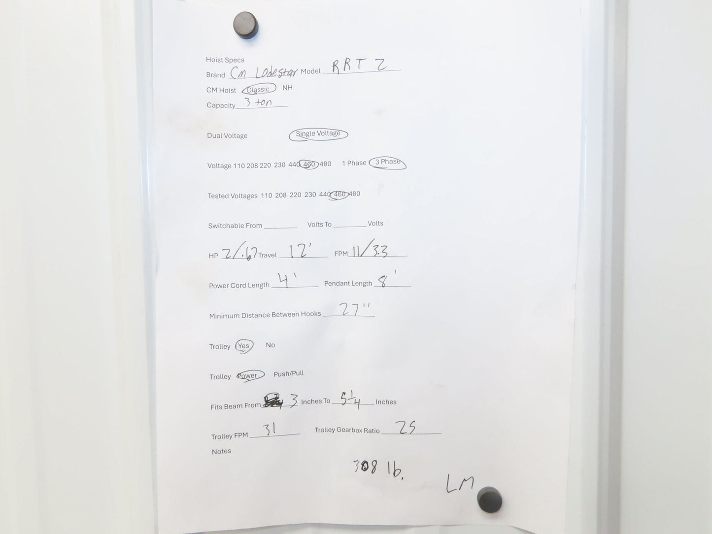 CM Lodestar RRT2 3 ton Electric Chain Hoist 11/3.3 FPM 12' L 635 Power Trolley