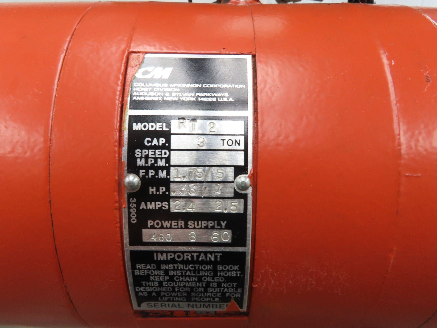 CM Lodestar RT2 3 Ton Electric Chain Hoist 5/1.75 FPM 2 Speed 12' Lift Tolley