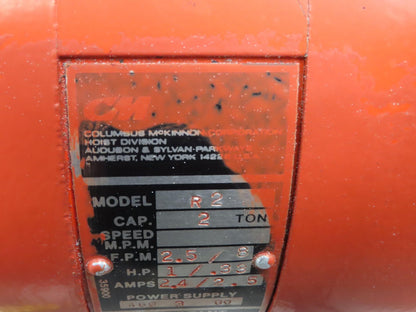 CM Lodestar R2 2 Ton Electric Chain Hoist 2Speed 9'Lift 635 Motor Driven Trolley