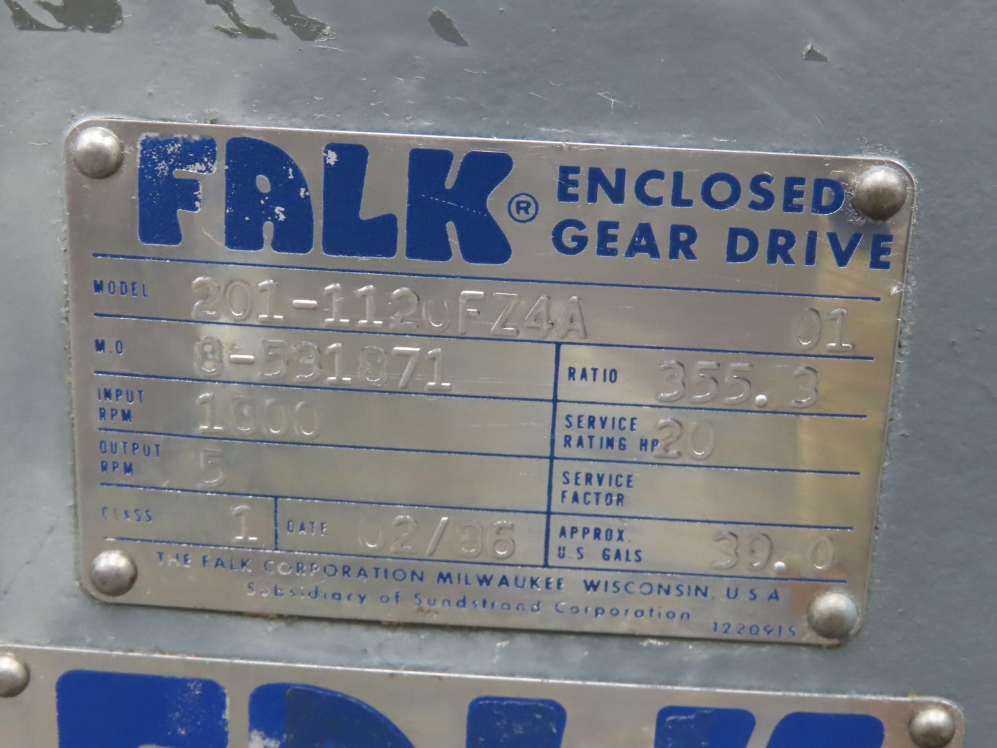 Falk 201-1120FZ4A Inline Gearbox Gear Drive 355.3 Reducer 5 RPM Output