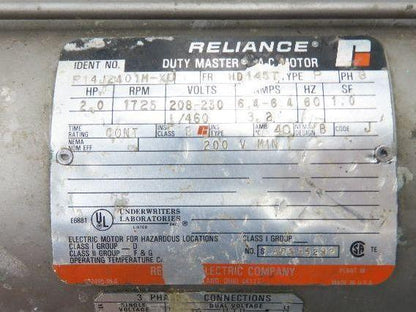 Reliance P14J2401M-XU AC Motor 2Hp 1725rpm 230/460v 3ph HD145T TEFC