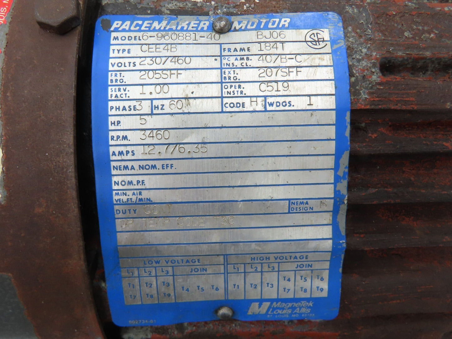 MagneTek 6-960881-40 AC Motor 5hp 3460rpm 130/460V 3ph 184T TEFC