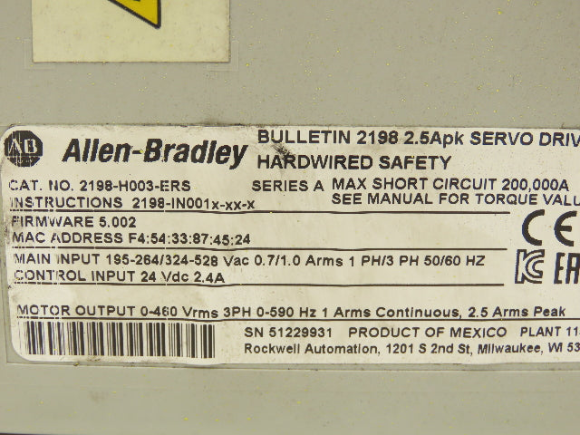 Allen Bradley 2198-H003-ERS Kinetix 5500 AC Servo Drive 190-528vAC 1/3-Ph 2.5A