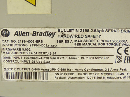 Allen Bradley 2198-H003-ERS Kinetix 5500 AC Servo Drive 190-528vAC 1/3-Ph 2.5A