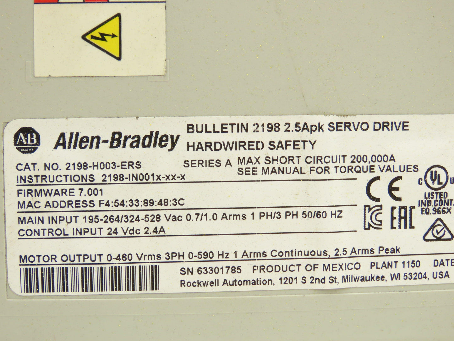 Allen Bradley 2198-H003-ERS Kinetix 5500 AC Servo Drive 190-528vAC 1/3-Ph 2.5A