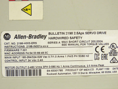 Allen Bradley 2198-H003-ERS Kinetix 5500 AC Servo Drive 190-528vAC 1/3-Ph 2.5A