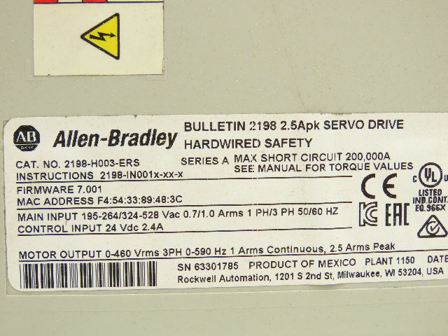 Allen Bradley 2198-H003-ERS Kinetix 5500 AC Servo Drive 190-528vAC 1/3-Ph 2.5A