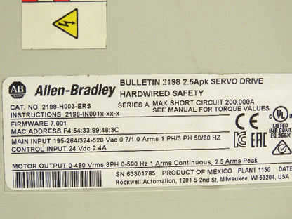 Allen Bradley 2198-H003-ERS Kinetix 5500 AC Servo Drive 190-528vAC 1/3-Ph 2.5A