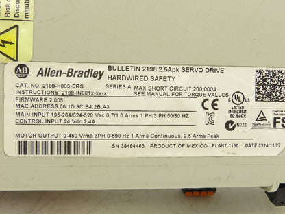 Allen Bradley 2198-H003-ERS Kinetix 5500 AC Servo Drive 190-528vAC 1/3-Ph 2.5A
