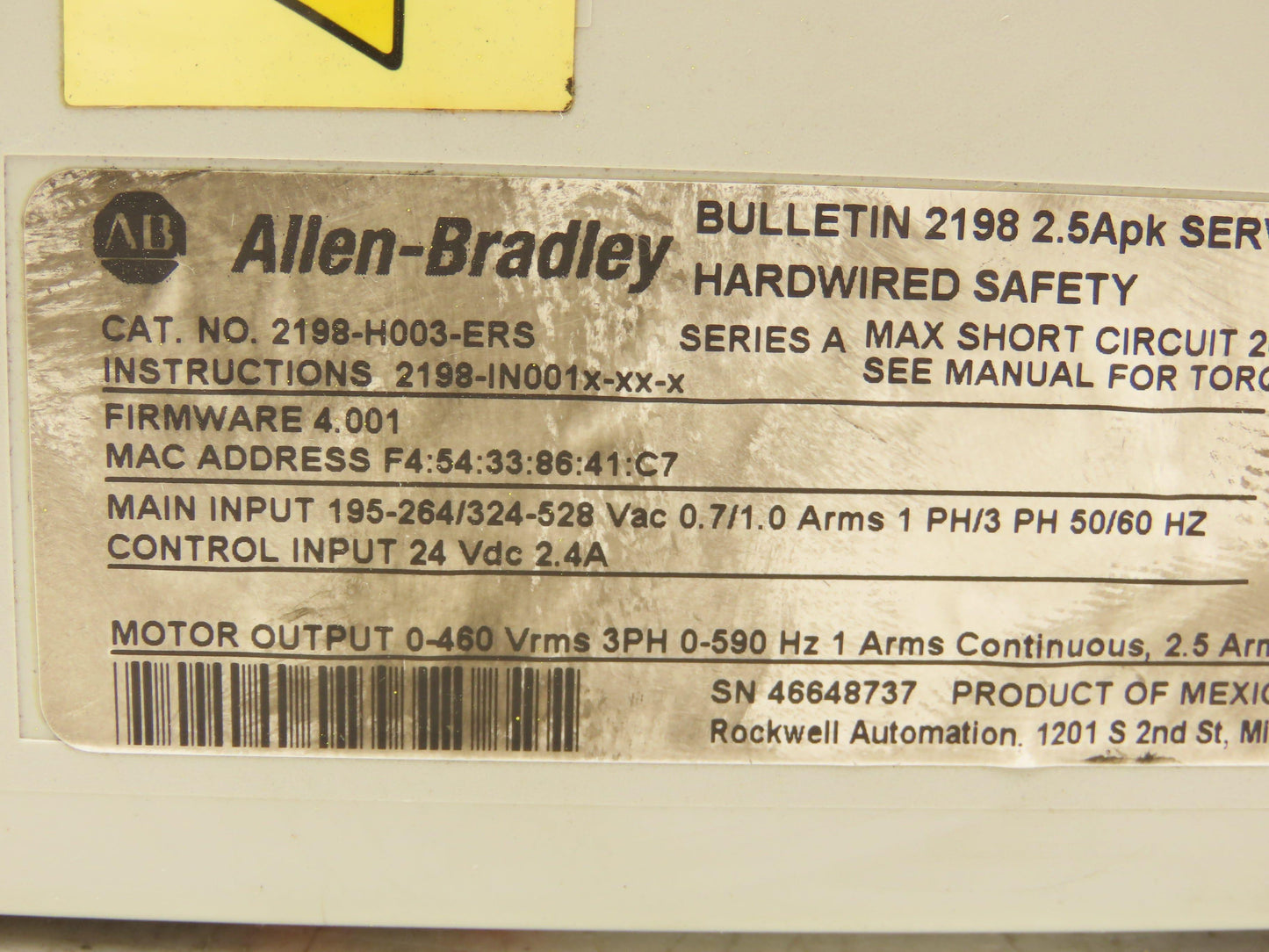Allen Bradley 2198-H003-ERS Kinetix 5500 AC Servo Drive 190-528vAC 1/3-Ph 2.5A