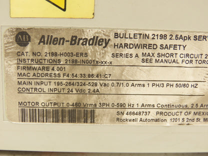 Allen Bradley 2198-H003-ERS Kinetix 5500 AC Servo Drive 190-528vAC 1/3-Ph 2.5A