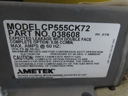 Ametek CP555CK72 Regenerative Vacuum Blower 1.5" NPT Reliance 4 Hp EG G Rotron