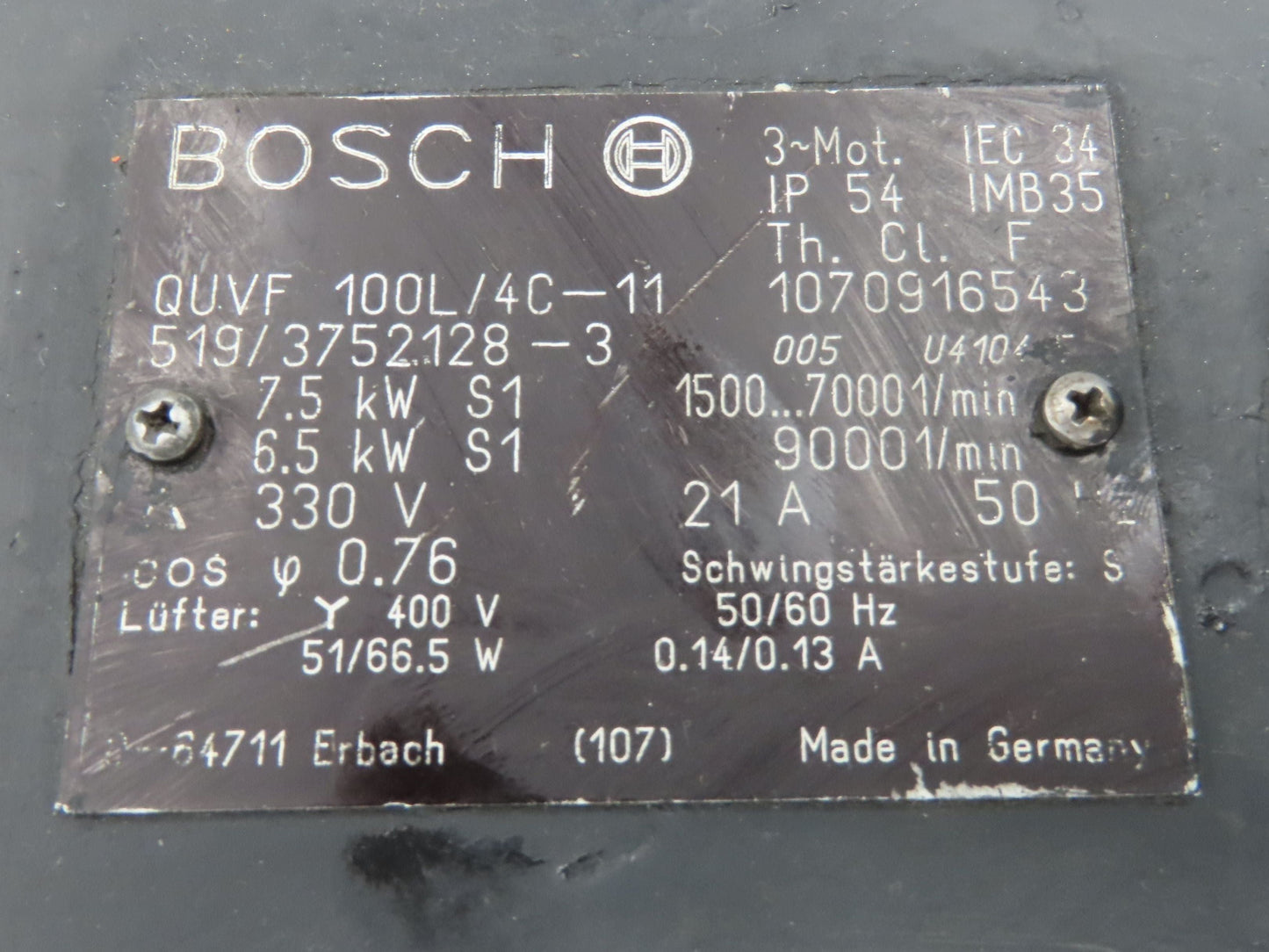 Siemens QUVF 100L/4C-11 Servo Motor 7.5kw 9000rpm 400V 3Ph Encoder