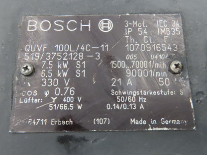 Siemens QUVF 100L/4C-11 Servo Motor 7.5kw 9000rpm 400V 3Ph Encoder
