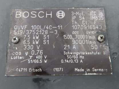 Siemens QUVF 100L/4C-11 Servo Motor 7.5kw 9000rpm 400V 3Ph Encoder