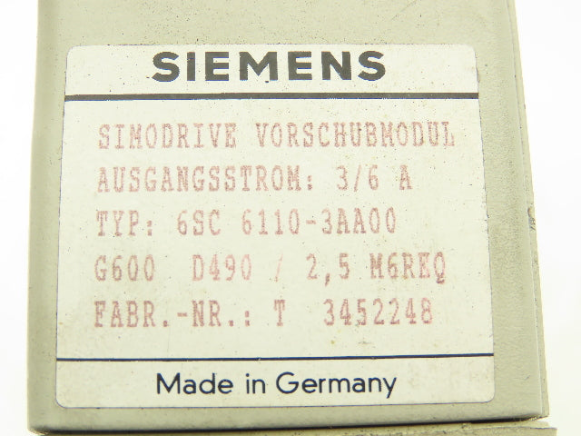 Siemens 6SC6110-3AA00 Simodrive Feed Module 3/6A