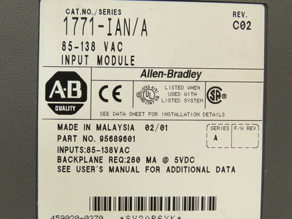 Allen Bradley 1771-IAN AC Input Module 85-138vAC Ser A Rev C02