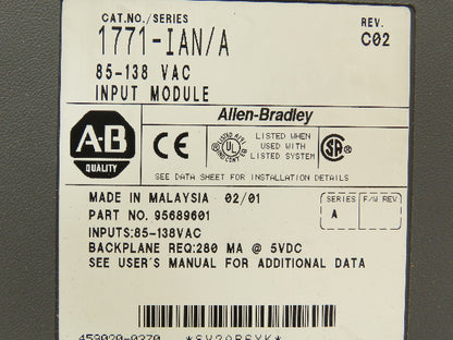 Allen Bradley 1771-IAN AC Input Module 85-138vAC Ser A Rev C02