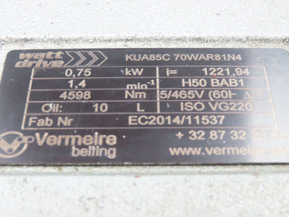 Watt Drive W21 KUA85C Helical Gearmotor 1.4RPM 1Hp 460V 3PH Hollow Shaft Reducer