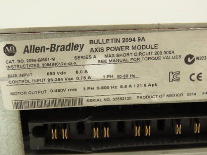 Allen Bradley 2094-BM01-M 9A Axis Power Module VFD 0-480v 3Ph 0-800Hz 8.6A