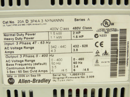Allen Bradley 20AD3P4A3NYNANNN PowerFlex 70 Variable AC Drive VFD 2Hp 480v 3Ph