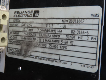 Reliance 2GU41007 AC V-S Drive GP-2000 VFD 10.7KVA 7.5Hp 460V 3Ph 100A Breaker