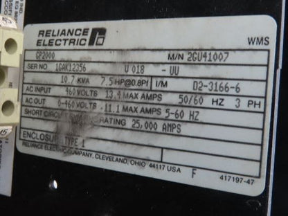 Reliance 2GU41007 AC V-S Drive GP-2000 VFD 10.7KVA 7.5Hp 460V 3Ph 100A Breaker