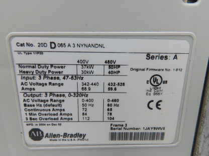Allen Bradley 20DD065A3NYNANDNL PowerFlex 700S VFD 400Hz 50Hp 460v 65A F/W1.012