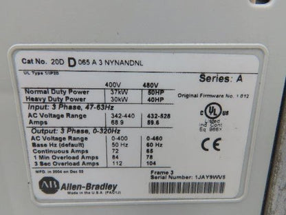 Allen Bradley 20DD065A3NYNANDNL PowerFlex 700S VFD 400Hz 50Hp 460v 65A F/W1.012