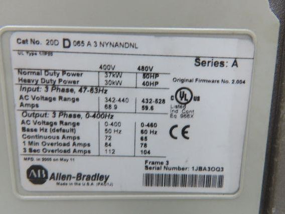 Allen Bradley 20DD065A3NYNANDNL PowerFlex 700S VFD 400Hz 50Hp 460v 65A F/W2.004