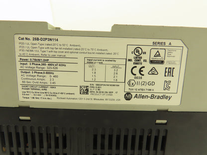 Allen Bradley 25B-D2P3N114 PowerFlex 525 VFD 500Hz 1Hp 460v 2.3A F/W 5.001 Ser A