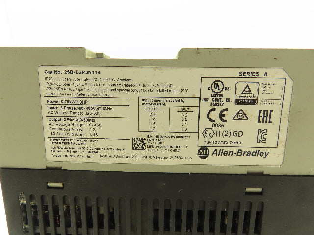 Allen Bradley 25B-D2P3N114 PowerFlex 525 VFD 500Hz 1Hp 460v 2.3A F/W 5.001 *PICS