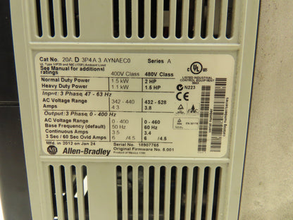 Allen Bradley 20AD3P4A3AYNAEC0 PowerFlex 70 VFD AC Drive 1.5kW 2Hp 460v 3.4A