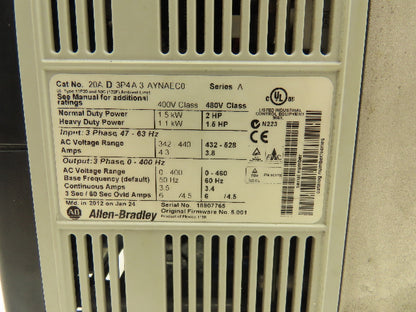 Allen Bradley 20AD3P4A3AYNAEC0 PowerFlex 70 VFD AC Drive 1.5kW 2Hp 460v 3.4A