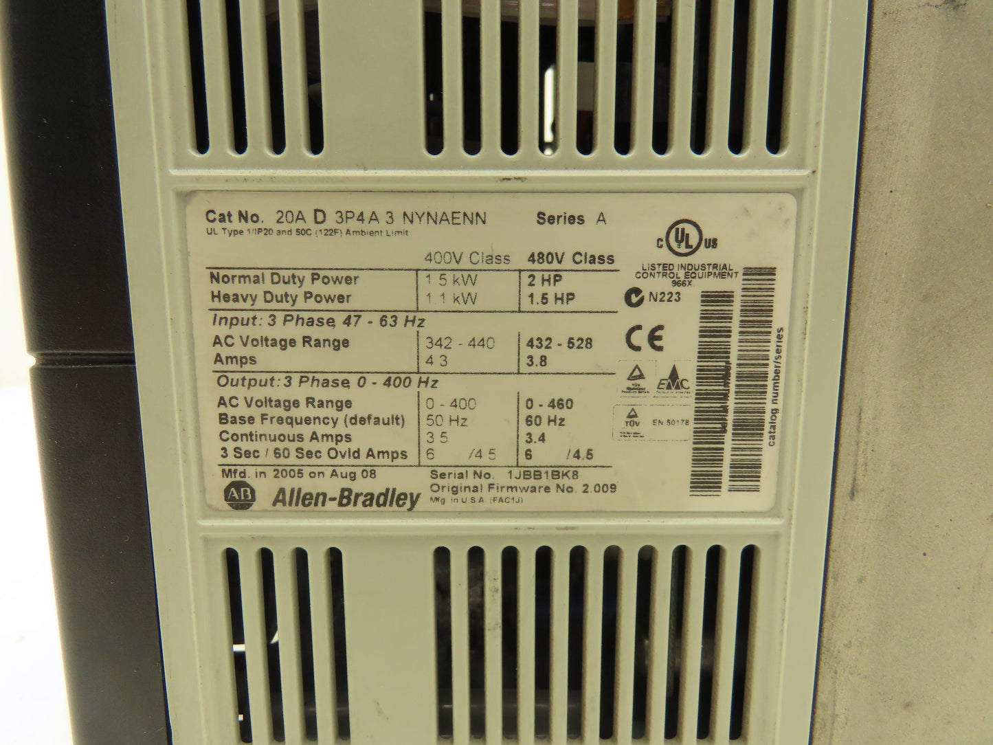 Allen Bradley 20AD3P4A3NYNAENN PowerFlex 70 VFD AC Drive 1.5kW 2Hp 460v 3.4A