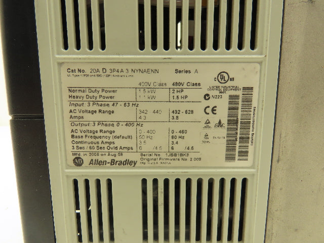 Allen Bradley 20AD3P4A3NYNAENN PowerFlex 70 VFD AC Drive 1.5kW 2Hp 460v 3.4A