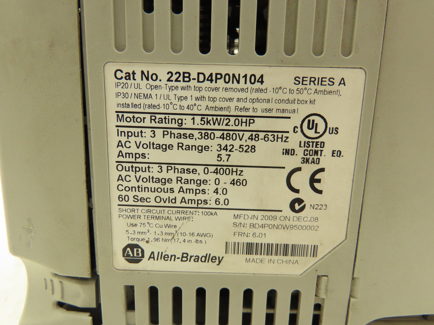Allen Bradley 22B-D4P0N104 Powerflex 40 VFD AC Drive 1.5kW 2Hp 480v 3Ph FRN 6.01
