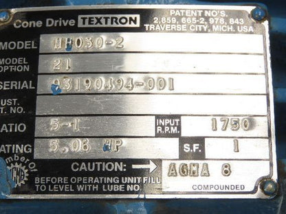 Cone Drive MH030-2 Worm Gearbox 5:1 Reducer 350 RPM 5Hp 182/184TC RH Output