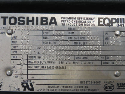 Toshiba BY754FLF3BSHJ01 AC Motor 7.5Hp 1750rpm 460v Only 3ph 213T TEFC