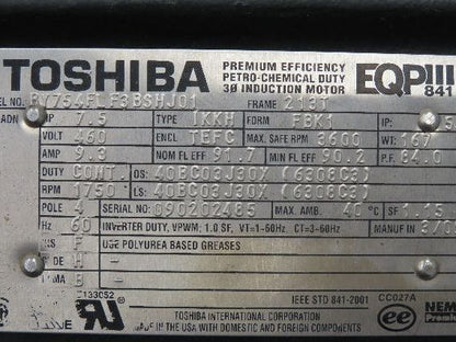 Toshiba BY754FLF3BSHJ01 AC Motor 7.5Hp 1750rpm 460v Only 3ph 213T TEFC