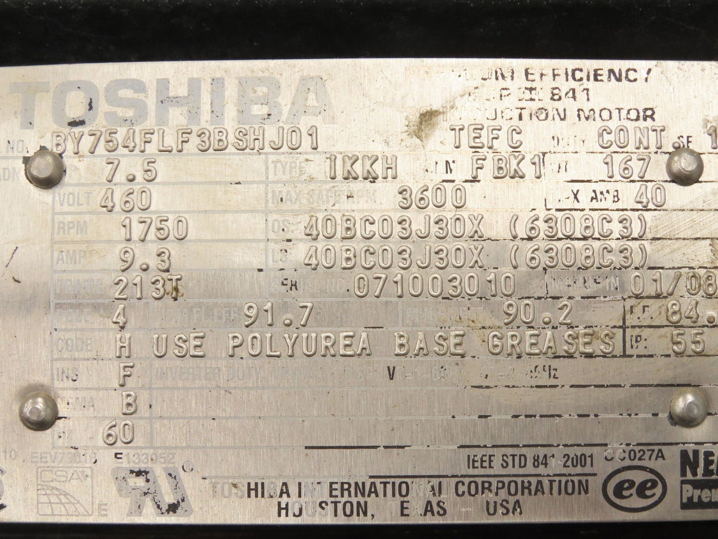 Toshiba BY754FLF3BSHJ01 AC Motor 7.5Hp 1750rpm 460v Only 3ph 213T TEFC