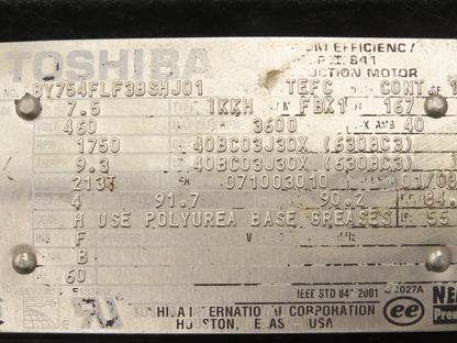 Toshiba BY754FLF3BSHJ01 AC Motor 7.5Hp 1750rpm 460v Only 3ph 213T TEFC