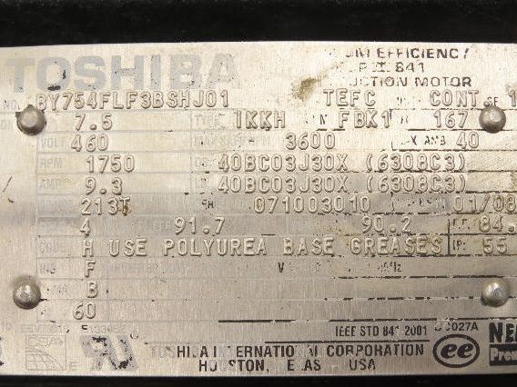 Toshiba BY754FLF3BSHJ01 AC Motor 7.5Hp 1750rpm 460v Only 3ph 213T TEFC