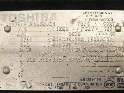 Toshiba BY754FLF3BSHJ01 AC Motor 7.5Hp 1750rpm 460v Only 3ph 213T TEFC