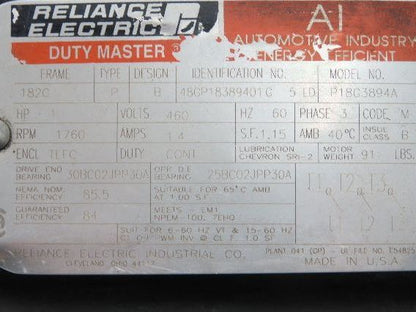Reliance Electric P18G3894A AC Motor 1Hp 1760rpm 460V Only 3ph 182C TEFC