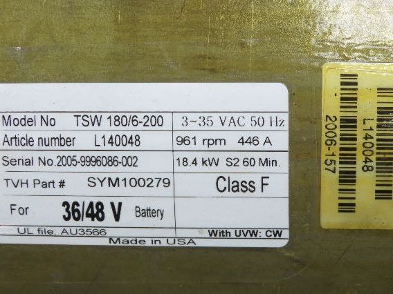 TSW TSW 180/6-200 Forklift Motor 18.4kW 961rpm 36-48VDC 3-35VAC 50Hz Yale/Hyster