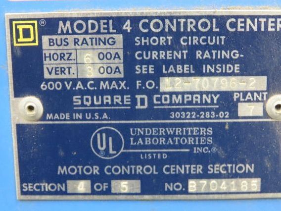 Square D MCC Motor Control Center 600A Disconnect Starter 100A Panelboard