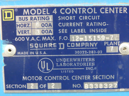 Square D MCC Motor Control Center 600A Disconnect Starter 100A Panelboard