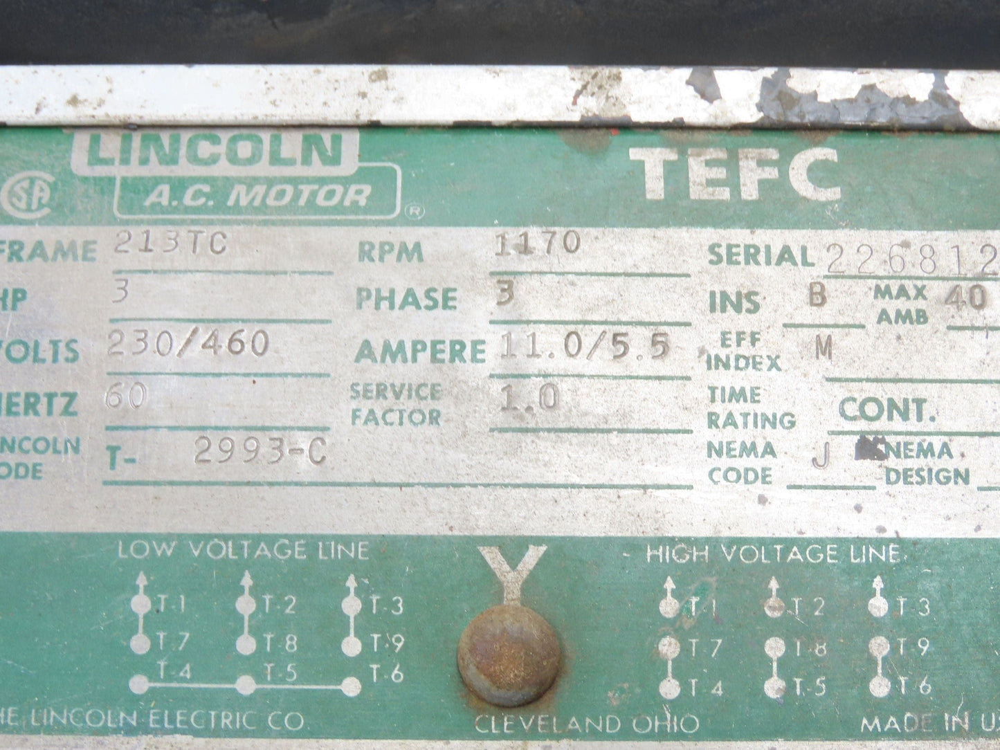 Lincoln T-2993-C AC Motor 3Hp 1170rpm 230/460v 3ph 213TC TEFC
